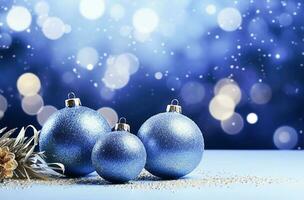 Ai generative. Blue Christmas balls with decoration on shiny background photo