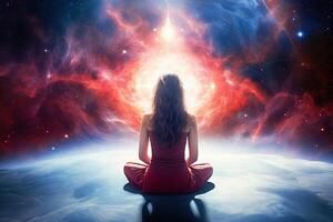 Ai generative. Back view, young  woman meditating in front of space photo