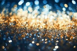Ai generative. Background of abstract blue and gold glitter defocused lights photo
