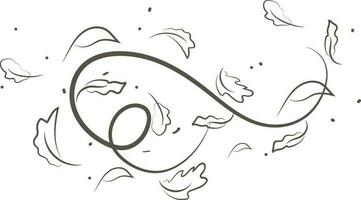 Outline drawing of a breath of wind and leaves.Wind blow  set in line style.Wave flowing illustration with hand drawn doodle cartoon style. vector