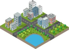 Set of Isometric Building vector.They are on Yard.The river with road and trees. building 3d , smart city, Vector office and town apartment concept.