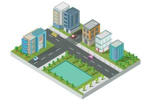 Set of Isometric Building vector.They are on Yard.The river with road and trees. building 3d , smart city, Vector office and town apartment concept.