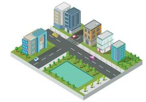 Set of Isometric Building vector.They are on Yard.The river with road and trees. building 3d , smart city, Vector office and town apartment concept.