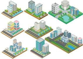 conjunto de isométrica edificio vector.ellos son en patio.el río con la carretera y arboles edificio 3d , inteligente ciudad, vector oficina y pueblo Departamento concepto.