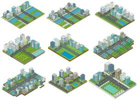 conjunto de isométrica edificio vector.ellos son en patio.el río con la carretera y arboles edificio 3d , inteligente ciudad, vector oficina y pueblo Departamento concepto.