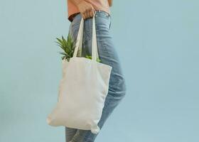 young female carrying reusable cloth bag of fruits and vegetables isolated on blue background, concept for campaign of using reusable bag, reduce waste, stop global warming, save the world photo
