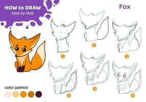 Drawing tutorial for kids. Education worksheet. How to draw fox. Step by step. Graphic task for preschool and school children with color palette. Art with wild animal. Vector illustration.