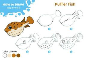 Drawing tutorial for kids. Education worksheet. How to draw puffer fish. Step by step. Graphic task for preschool and school children with color palette. Art with fish. Vector illustration.