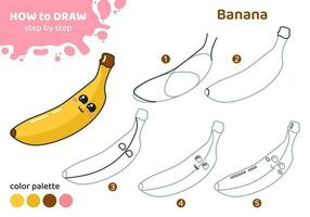 Drawing tutorial for kids. Education worksheet. How to draw banana. Step by step. Graphic task for preschool and school children with color palette. Art with fruit. Vector illustration.