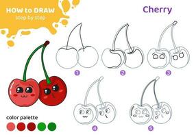 Drawing tutorial for kids. Education worksheet. How to draw cherry. Step by step. Graphic task for preschool and school children with color palette. Art with berry. Vector illustration.