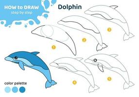 Drawing tutorial for kids. Education worksheet. How to draw dolphin. Step by step. Graphic task for preschool and school children with color palette. Art with animal. Vector illustration.