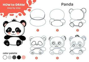 Drawing tutorial for kids. Education worksheet. How to draw panda. Step by step. Graphic task for preschool and school children with color palette. Art with wild animal. Vector illustration.