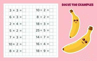 resolver el ejemplos división y multiplicación. matemático rompecabezas juego. hoja de cálculo para preescolar niños. vector ilustración. dibujos animados educativo juego con plátano para niños.