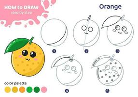 Drawing tutorial for kids. Education worksheet. How to draw orange. Step by step. Graphic task for preschool and school children with color palette. Art with fruit. Vector illustration.