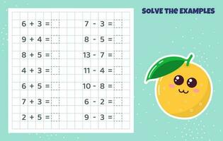 Solve the examples. Addition and subtraction. Mathematical puzzle game. Worksheet for school kids. vector