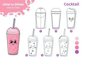 Drawing tutorial for kids. Education worksheet. How to draw cocktail. Step by step. Graphic task for preschool and school children with color palette. Art with cocktail. Vector illustration.