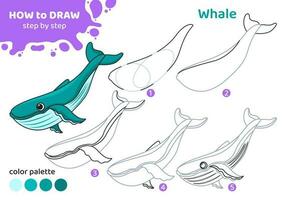 Drawing tutorial for kids. Education worksheet. How to draw whale. Step by step. Graphic task for preschool and school children with color palette. Art with animal. Vector illustration.