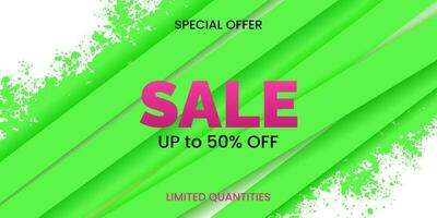 Sale banner template design with green stripes and abstract ink splash. Big sale special vector