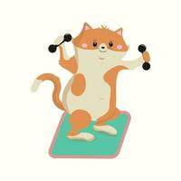 Cartoon red kitten goes in for sports. Kitten with dumbbells. Sports, gymnastics. Healthy lifestyle. Animal, pet. Vector illustration on white isolated background.