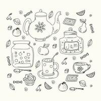 Doodle sweets. Icons food, drink, fruit, crockery. Tea Time Set. Contour drawings. Vector graphics on white isolated background.