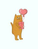 Cat with gift and balloon. vector