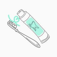 Teeth cleaning and care set. Toothpaste and toothbrush. Hygiene and health. Dentistry. Doodle, line drawing.  Vector, illustration on white isolated background. vector