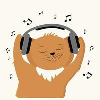 The cat listens to music with headphones. vector