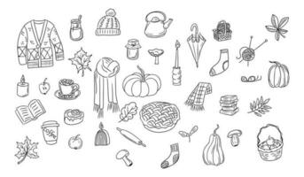 Big set of hand drawn doodle cozy autumn elements. Black vector isolated outline leaves, pumpkins, clothes on white background. Unique sketch design. Perfect for coloring pages, stickers, tatoo