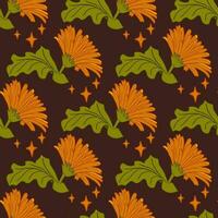 Stylish floral seamless pattern with gerberas. Yellow isolated flower with leaf and stars in flat outline style on dark background. Can be used as contemporary textile, wallpaper, wrapping paper vector