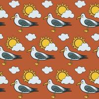 Cuty cartoon seagull pattern with sun and clouds. Hand drawn vector flat standing sea bird on orange brick background. Ideal for kids textile, wallpaper, wrapping, background, kids decoration