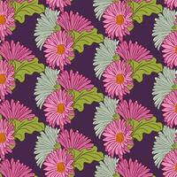 Gerberas bunch vibrant seamless pattern. Vector floral pattern on purple background. Botany elements in flat outline style. Suitable for contemporary textile, wallpaper, wrapping paper, home decor