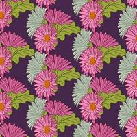 Gerberas bunch vibrant seamless pattern. Vector floral pattern on purple background. Botany elements in flat outline style. Suitable for contemporary textile, wallpaper, wrapping paper, home decor