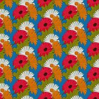 Vibrant floral seamless pattern with gerberas. Colored isolated flower bouquet in flat outline style on blue background. Perfect for contemporary textile, wallpaper, wrapping paper, home decor vector