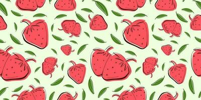 Seamless bright red and light green pattern with strawberries for fabric, drawing labels, print on t-shirt, wallpaper of children's room, fruit background. Berries doodle style background. vector