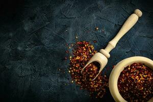 Top view red dried crushed hot chili peppers and chili flakes or powder in wooden spoon and bowl on grey rustic background, healthy turkish spice photo