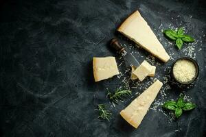 Parmesan cheese. Hard cheese on a dark background. banner, menu, recipe place for text, top view. photo