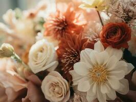 Close up shot of a bridal bouquet of flowers photo