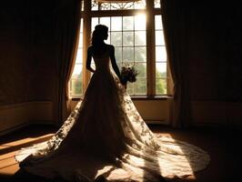 Partial silhouette of a bride holding a bouquet of flowers photo