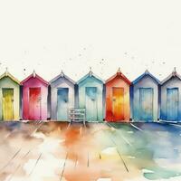 Cute watercolour painting of colourful beach huts photo