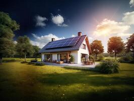 Modern detached house in the countryside with solar panels installed photo