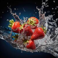 Fresh strawberry in water splash on dark backround. Juicy fruit. Generative AI photo