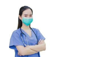 Professional young Asian woman doctor wears medical blue uniform while standing confidently smiling and shows her hand to present something isolated on white background in health protection concept. photo