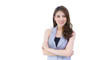 Professional Asian confident working woman who has a long hair with a black suit is standing and arm crossing in work isolated on white background.. photo