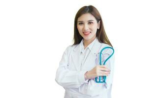 Professional young Asian woman doctor standing with arms crossed happy and smile confidently isolated on white color background. Wearing white robe and stethoscope healthcare concept. photo