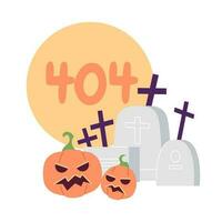 Tombstones pumpkins with moon error 404 flash message. Graveyard spooky jack o lanterns. Empty state ui design. Page not found popup cartoon image. Vector flat illustration concept on white background