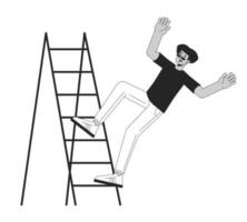 Young man falls from ladder stair flat line black white vector character. Editable outline full body perplexed guy on white. Simple cartoon isolated spot illustration for web graphic design