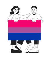 People with bisexual flag monochromatic flat vector characters. LGBT community. Editable thin line full body people share support on white. Simple cartoon spot illustration for web graphic design