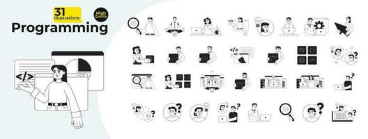 Programming monochrome concept vector spot illustrations bundle. Busy freelancer working on laptop 2D flat bw cartoon characters for web UI design. Isolated editable hand drawn hero image collection