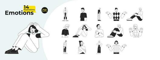 Human emotions flat line black white vector characters bundle. Editable isolated outline people. Sad, frustrated, baffled people simple cartoon style spot images collection for web graphic design