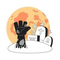 Zombie horror on full moon cemetery monochrome concept vector spot illustration. Tombstones, zombie hand 2D flat bw cartoon scene for web UI design. Graveyard isolated editable hand drawn hero image